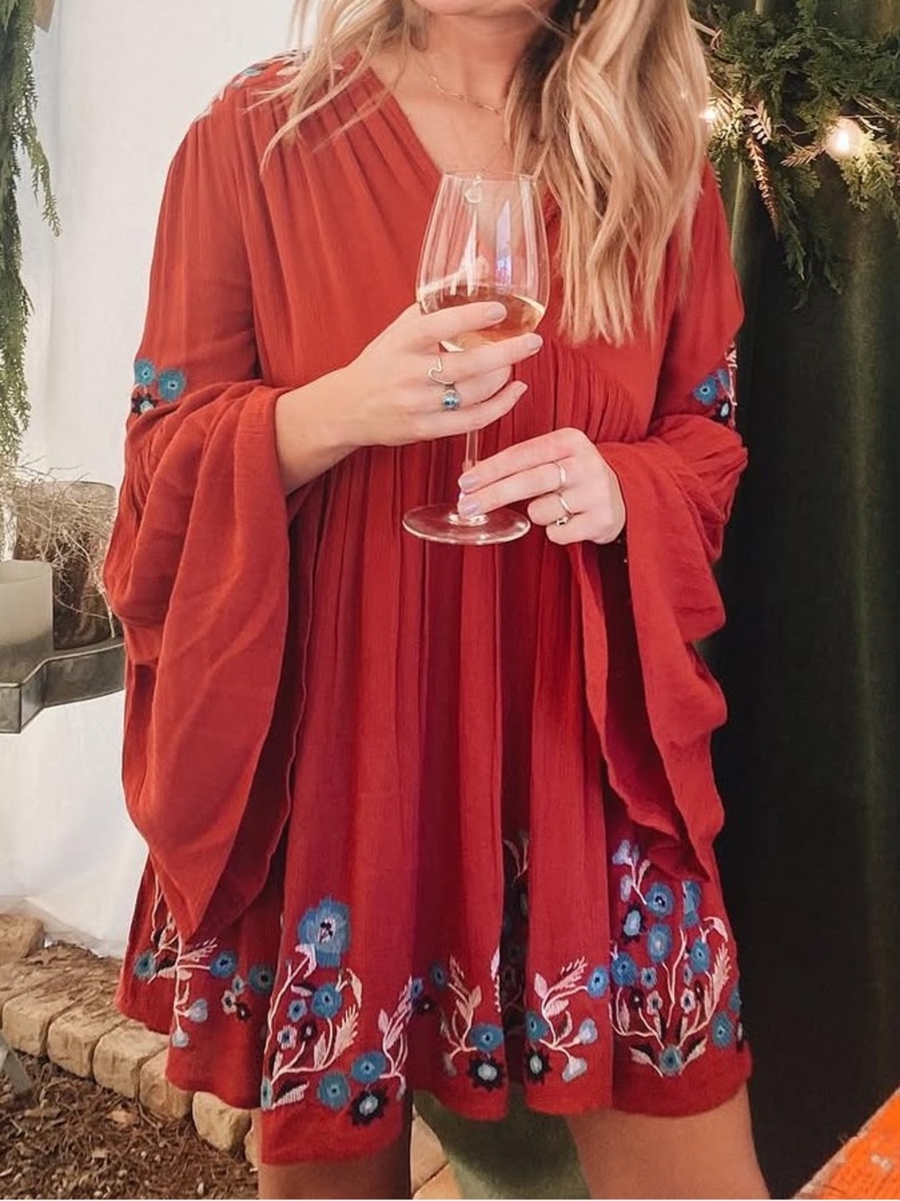 Free People Women's Embroidered V-Neck Peasant Top - Raspberry